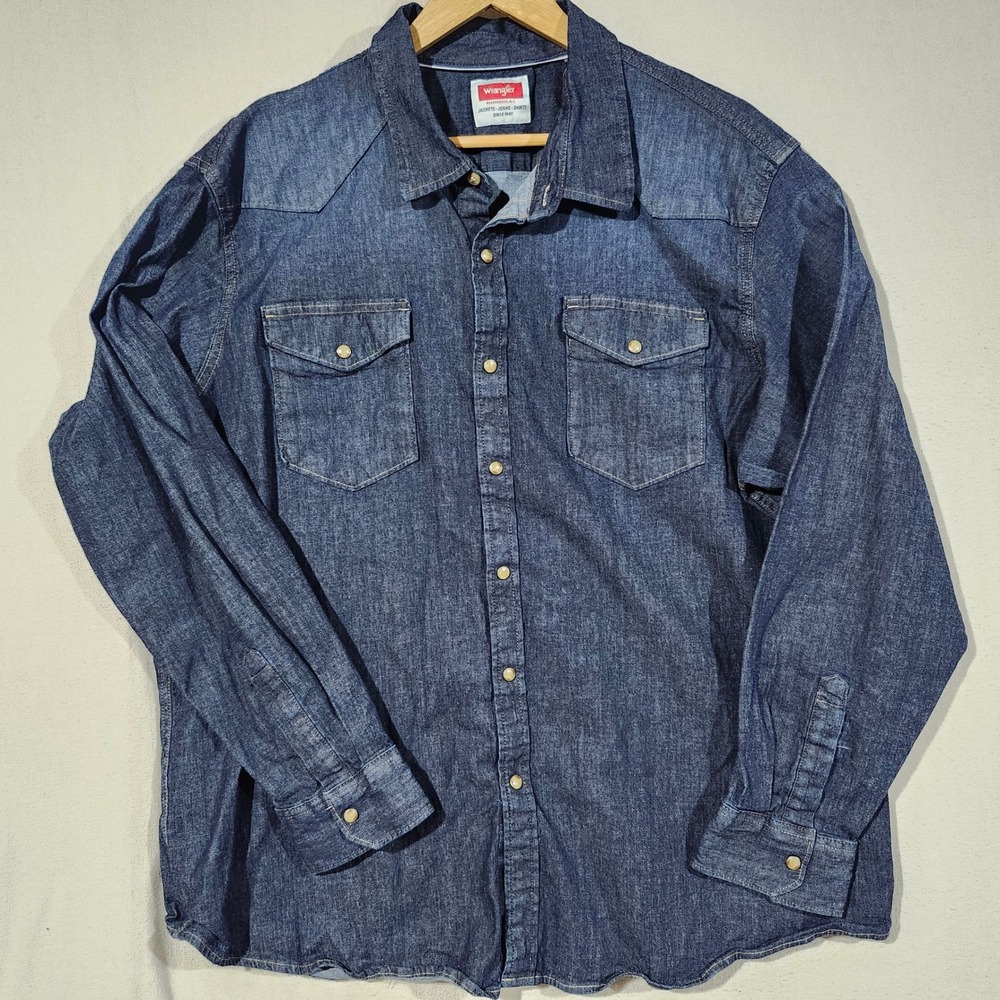Wrangler Mens Western Denim Pearl Snap Shirt Indigo Blue 2XL Long Sleeve Regular